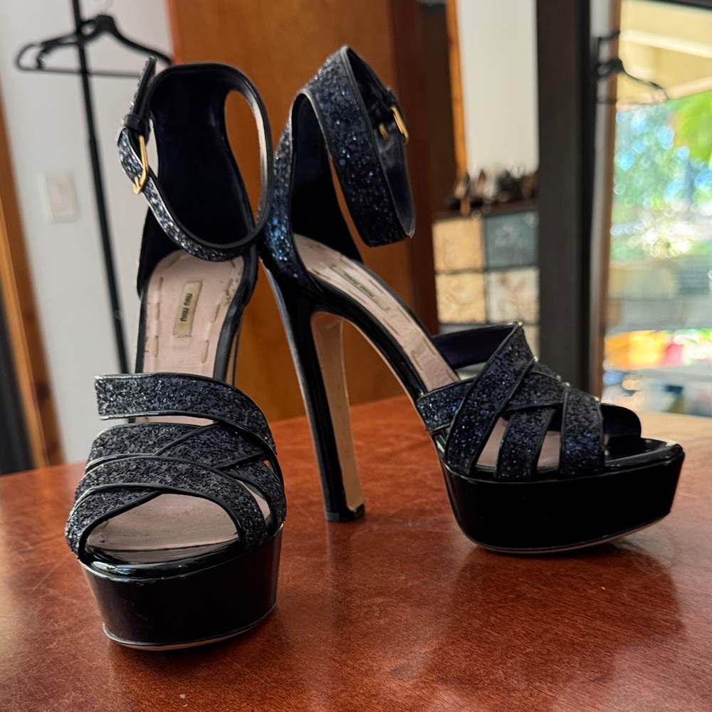 Miu Miu Navy Blue Glitter Platform Ankle-Strap Sandals - Picture 8 of 13